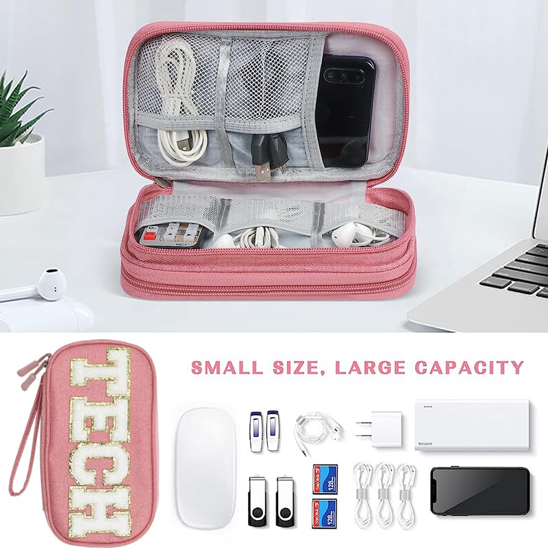 COSHAYSOO Electronic Accessories Organizer Bag Cable Cord Charger Carrying Pouch with Preppy Chenille Letter Patch TECH  Business Travel Gadget Small Storage Case Essential for Women Teen Girl (Pink) - Image 4